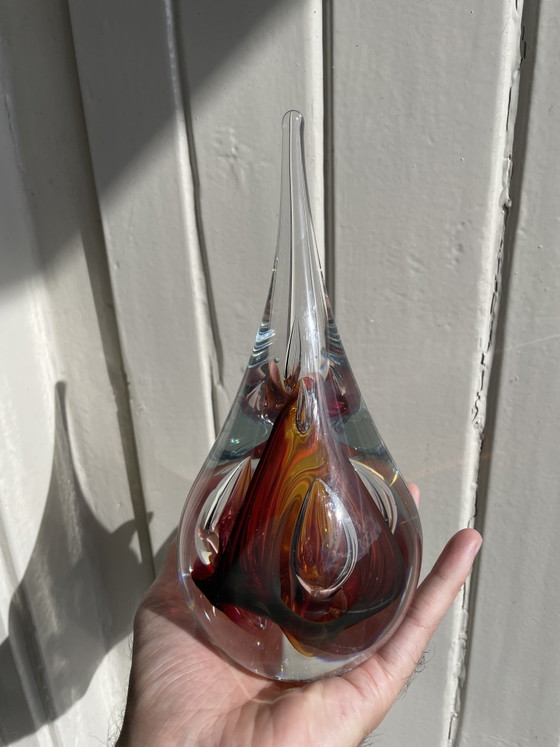 Image 1 of Ozzaro Studio-Kunstglas „Regentropfen“, signiertes orange-rotes Kristall aus Böhmen