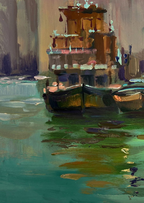 Original Oil Painting Urban Landscape Architecture River Pier City Sailboats – Paintings & Drawings, Mdf (photo 7 of 9)