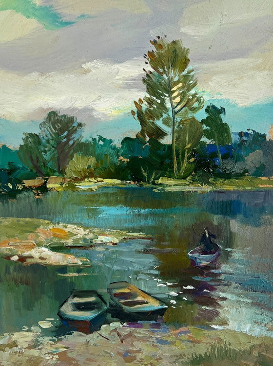 Image 1 of Original Oil Painting Summer River Landscape River in the forest thicket