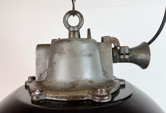 Image 1 of Industrielle Käfig-Hängelampe aus schwarzem Emaille und Gusseisen, 1960er