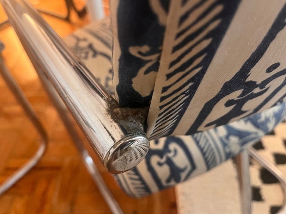 Image 1 of Bauhaus Cantilever Chairs, Portuguese Blue and White Tile Azulejo Upholstery Dining Chairs, Chromed Steel Frame Seating Set of 2