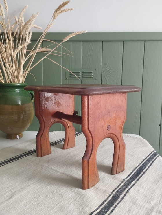 Image 1 of Small antique stool, Le Printemps wooden footrest, vintage plant holder.