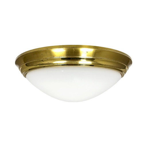 Ronde Glashütte Limburg plafondlamp uit de jaren 70, gemaakt van messing en wit glas. – plafondlampen, Brass