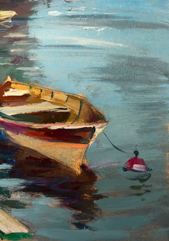 Image 1 of Dipinto a olio originale raffigurante un paesaggio urbano costiero con un porto cittadino affollato.