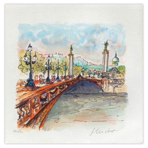 Von Urbain Huchet signierte Lithographie Paris, Le Pont Alexandre III 1985 – lithos zeefdrukken, Paper (photo 2 of 5)