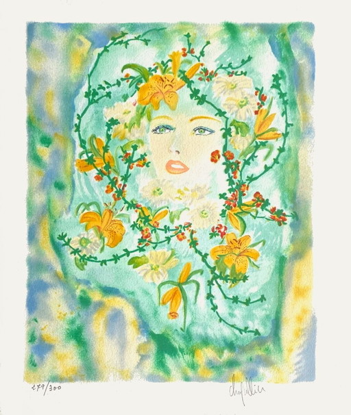 Cécile CHAPELLIER Visage en fleurs Signed lithograph 1990