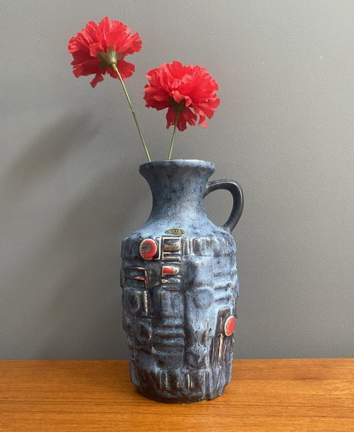 Blue and red vase by Uberlacker keramic West Germany 1970s