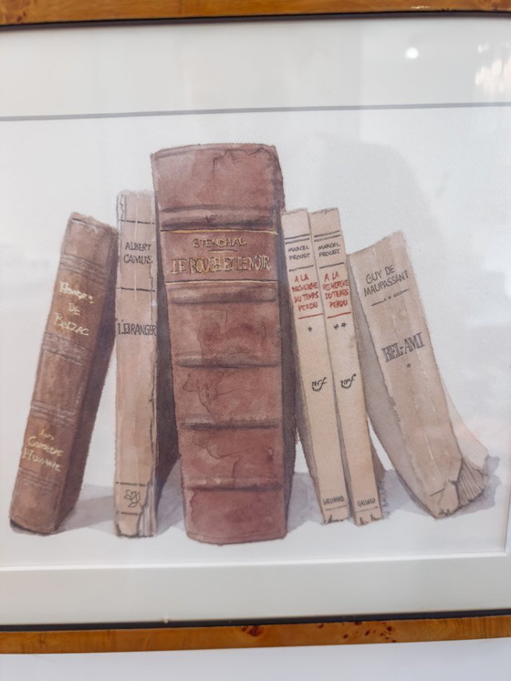 Image 1 of Watercolor paintings of books in burlwood frame, set of 2