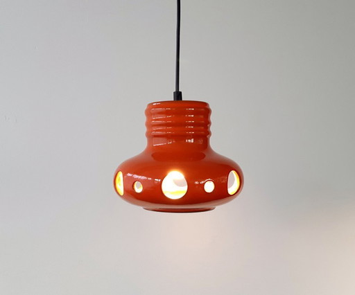 Oranje keramieken aardewerken vintage hanglamp, West Germany fat lava stijl, space age lamp