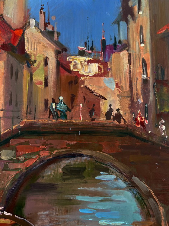 Original Oil Painting Urban Landscape Architecture Bridge City With A River – Paintings & Drawings, Mdf (photo 6 of 9)