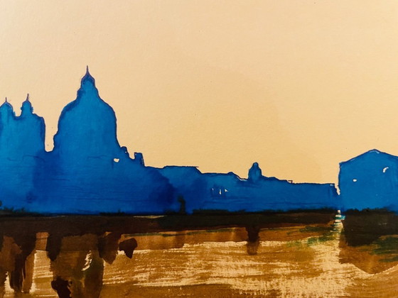Image 1 of Acuarela bicolor firmada "Crepúsculo sobre Venecia"