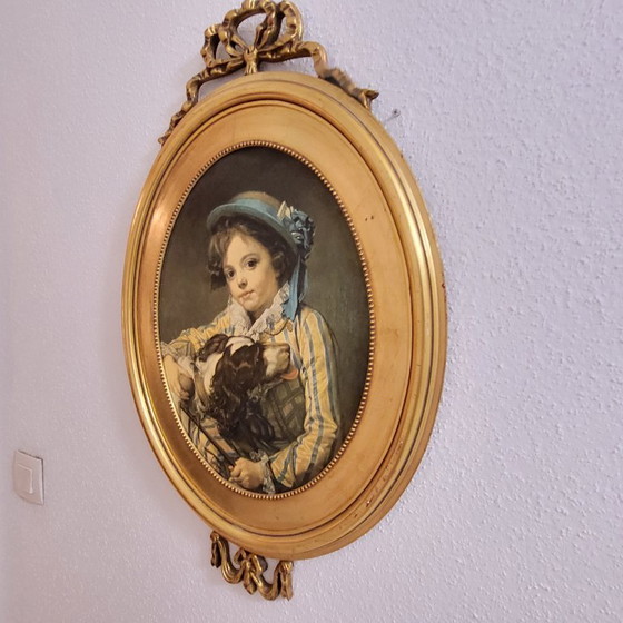 Image 1 of Large oval gold frame with bow, portrait, vintage