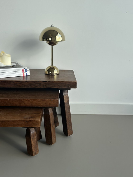 Image 1 of Tavolini ad incastro brutalisti vintage Mimi, set di tavolini laterali in rovere massello, stile retrò anni '70