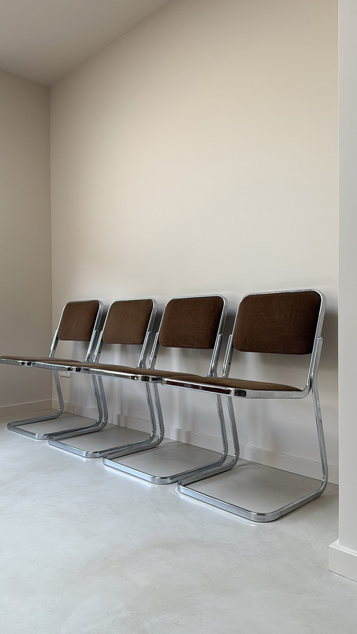 Four Vintage Tube Frame Chairs With Brown Velour Fabric