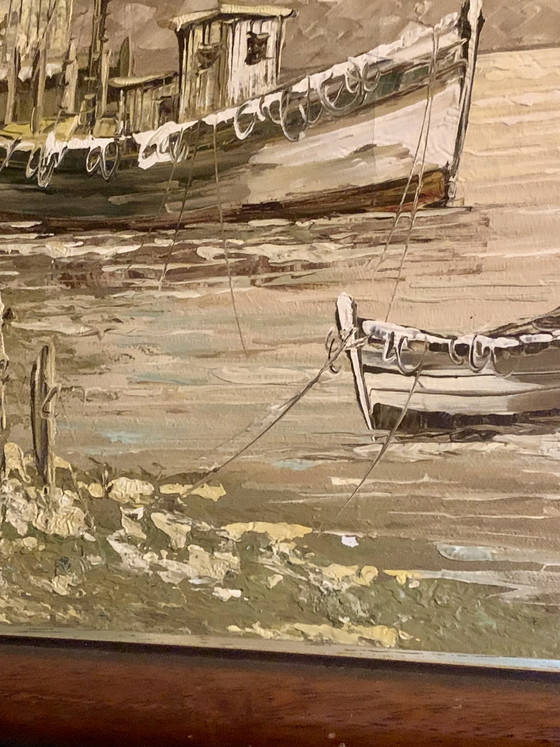 Port at Dusk - Superb Seascape - Oil on Canvas with Palette Knife (In the Spirit of the Cape Ann School) (photo 15 of 29)