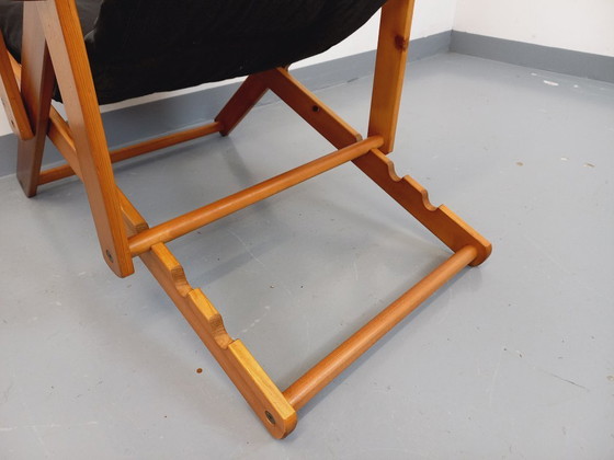 Image 1 of Poltrona chaise longue pieghevole regolabile vintage in pino e similpelle degli anni '70