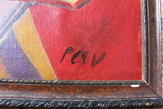 Image 1 of MIKLÓS NÉMETH (Attr.) – Abstraktes Interieur mit liegendem Akt – Öl auf Leinwand, Budapester Etikett