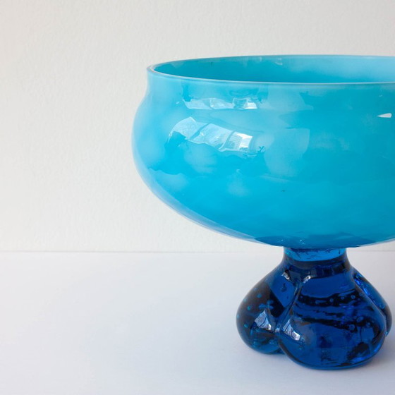 Vintage jaren 60 Portugese blauwe glazen schaal met voet – Tafelaccessoires, Glass (photo 2 of 10)