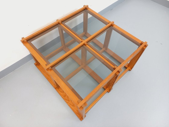 Image 1 of Vintage square coffee table in pine and smoked glass from the 70s/80s