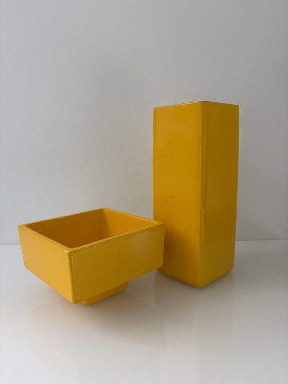 Postmoderne Vazenset Geel Met Groen Dienblad – Decoratieve objecten, Ceramic, Metal (photo 6 of 15)