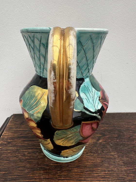 Image 1 of Vaas gesigneerd JTF Vallauris - h 20 cm - Vintage gebeiteld en beschilderd decor