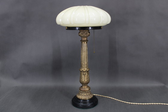 Image 1 of 1940s Restored Brass Table Lamp with Wooden Base and Glass Shade