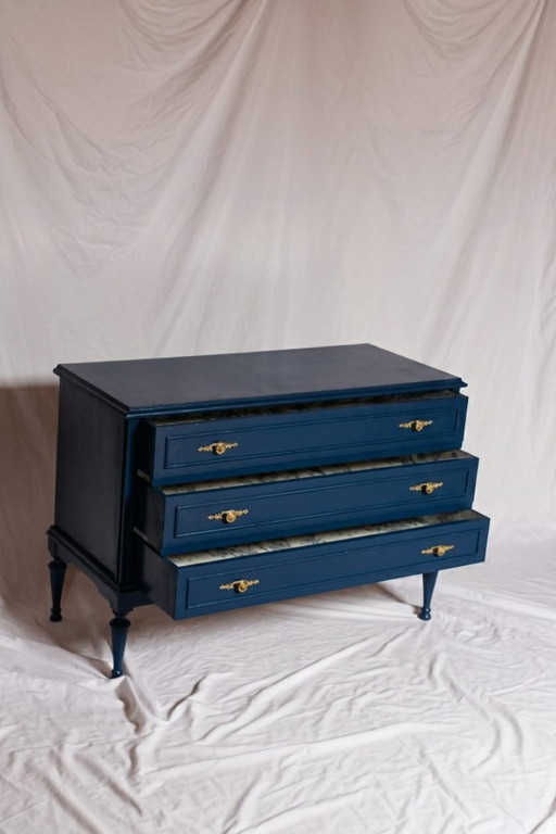 Restored Vintage Chest of Drawers in Navy Blue, Louis XVI Style – ladekasten, Wood (photo 2 of 5)