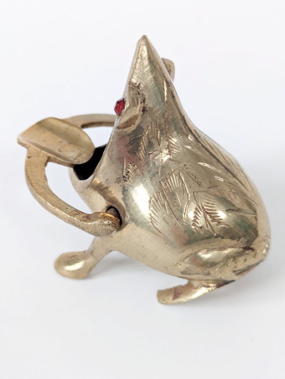 Image 1 of Midentury Vintage Brass Frog Figurine Trinket, Sculptural Quirky with Ruby Red Crystal Eyes