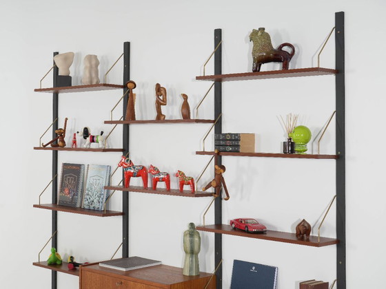 Danish Modular Shelving From The 1970s — Teak Veneer With Black Wall Rails, Ten Shelves – Bookcases, Wood (photo 4 of 18)