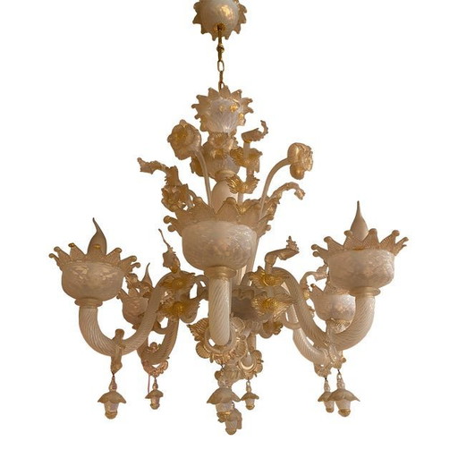 1970S Italian Style Murano Glass Seta Color And Gold Chandelier