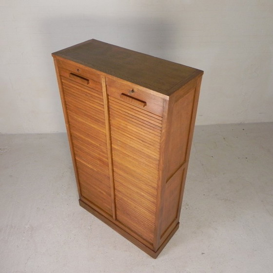 Oak tambour cabinet with 2 doors, 150 cm high, 1950s, Filing cabinets, Wood, Brown, Vintage (photo 2 of 15)