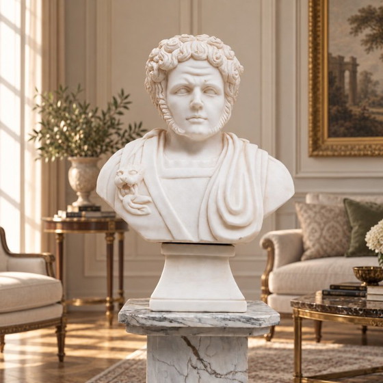 Witte Marmeren Buste van een Romeinse Keizer, 20e Eeuw – Beeldhouwkunst, Marble (photo 5 of 9)