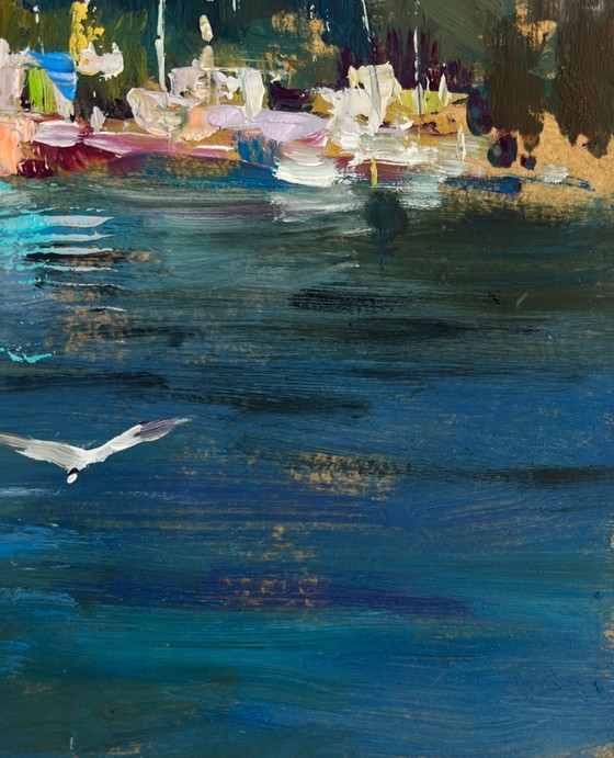 Image 1 of Original Oil Painting Summer River Landscape Small yacht club