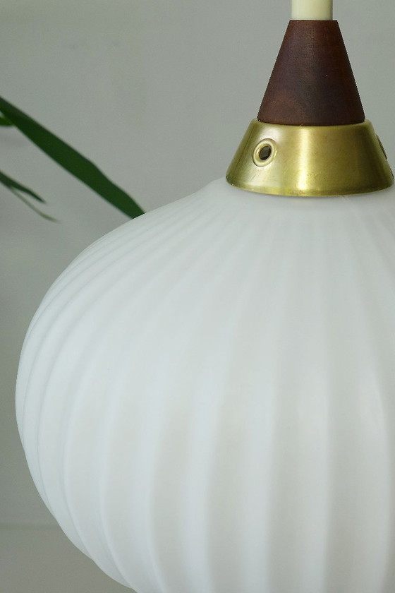 Image 1 of Vintage hanging lamp Danish design opal glass lamp teak 60s 70s