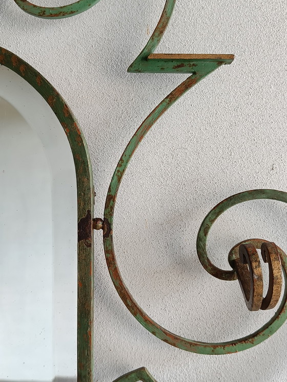 Image 1 of French wrought iron wall mirror coat rack, 1930s–40s, large decorative entry piece