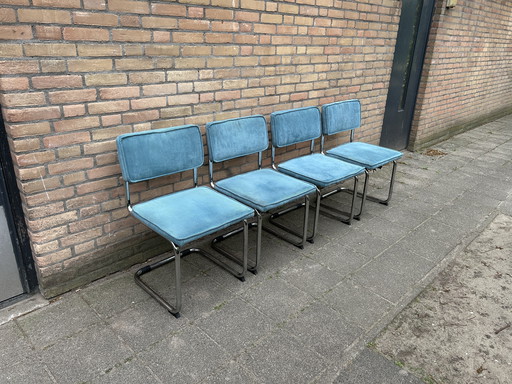 4 Blauwe Ribstof Stoelen