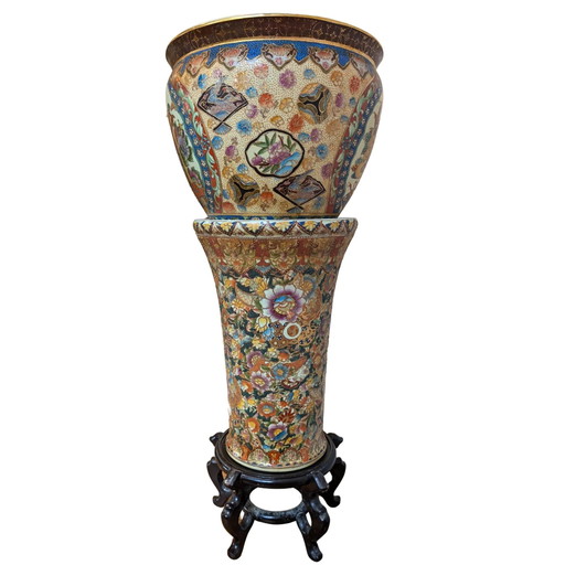 Jardinière Satsuma japonaise antique sur piédestal – Période Meiji Taisho – ca. 1890–1920