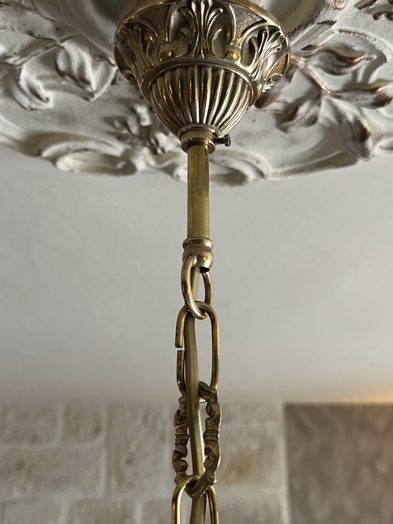 Image 1 of Lanterna da ingresso in stile Luigi XVI in ottone e bronzo con globo in cristallo tagliato