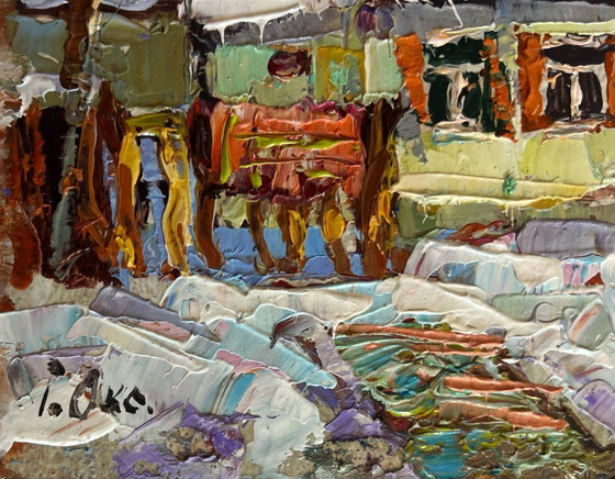 Image 1 of Original Oil Painting Winter Houses Landscape Saturday winter day