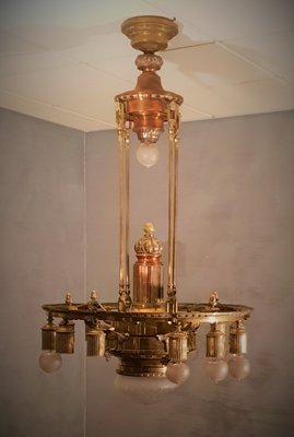 Image 1 of Vintage art deco copper wheel chandelier two tone copper 1900