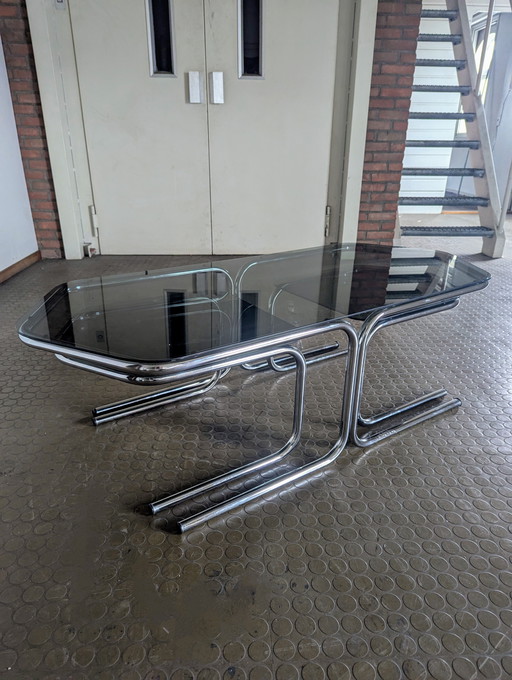 Table basse vintage/ table basse -chrome/ verre fumé- 1970