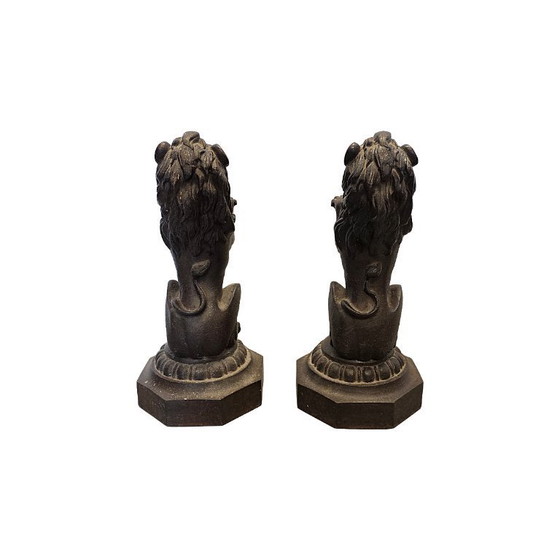 Image 1 of Victorian cast-iron lions on pedestals, late 19th century