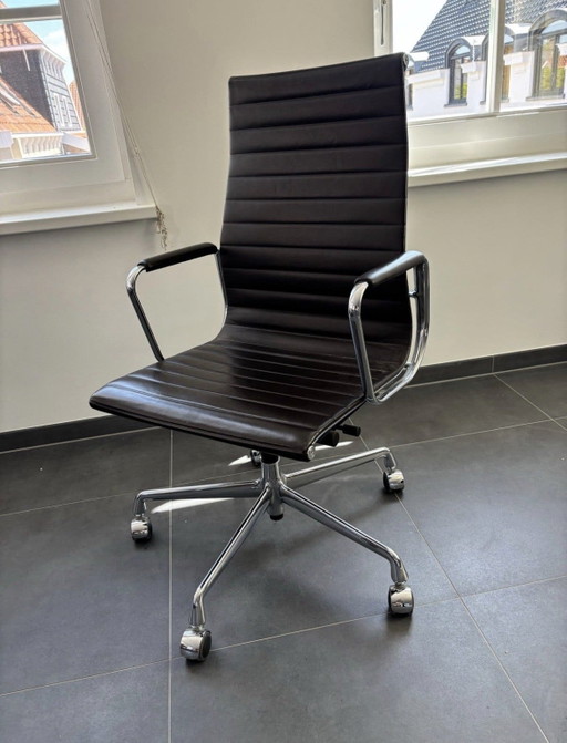 Vitra EA 119 office chair dark brown leder verstelbaar, neigbaar draaibaar LP – bureaustoelen, Aluminium, Leather