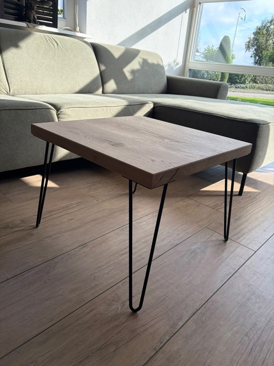 Oak coffee table with hairpin legs, Wood, Metal, Brown, Modern (photo 4 of 5)