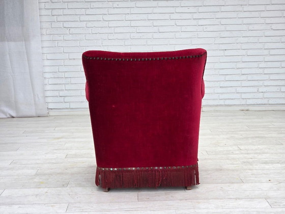 Image 1 of 1970s, Danish armchair, red furniture velour, ash wood.