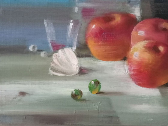 Peinture à l'Huile Originale Bouteilles en Verre Fruits Nature Morte – Peintures et dessins, Canvas (photo 7 of 7)