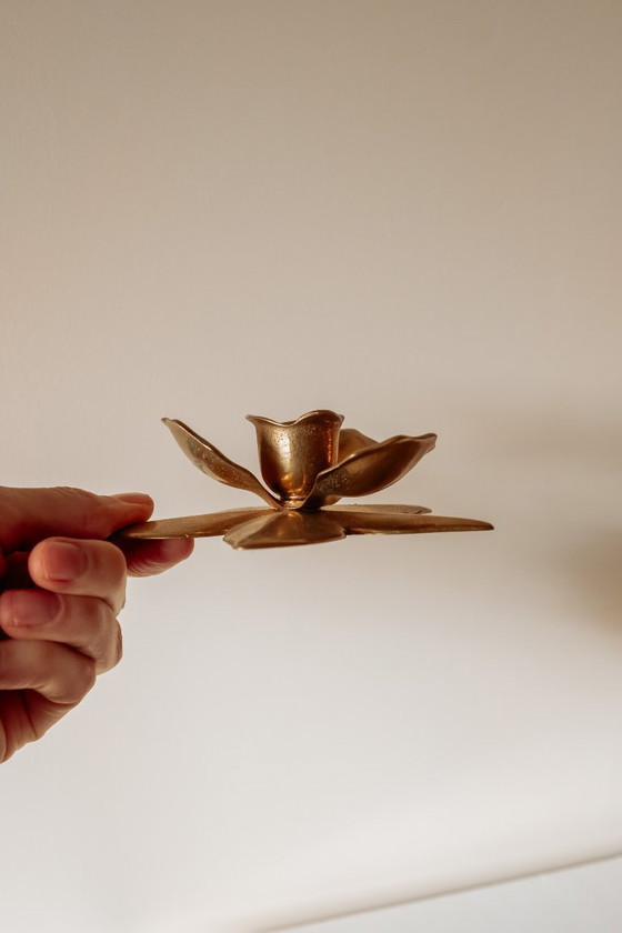Image 1 of Set of 2 vintage brass flower candlesticks