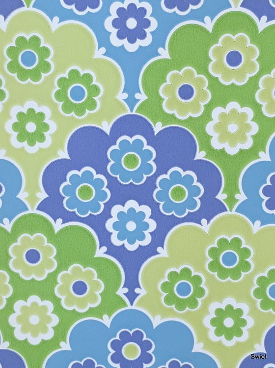 14306 Blauw Retro Vintage Style Groen Bloemenbehang – Wanddecoratie, Paper (photo 4 of 7)