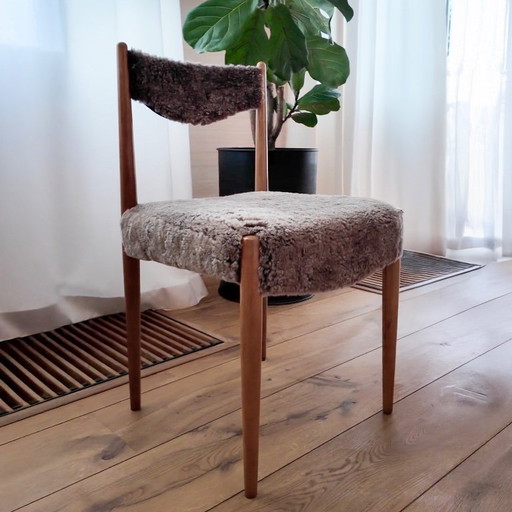 Set of 4 Luxury Reupholstered Ottens & Arndt Chairs - Natural Sheepskin & Green Velvet.