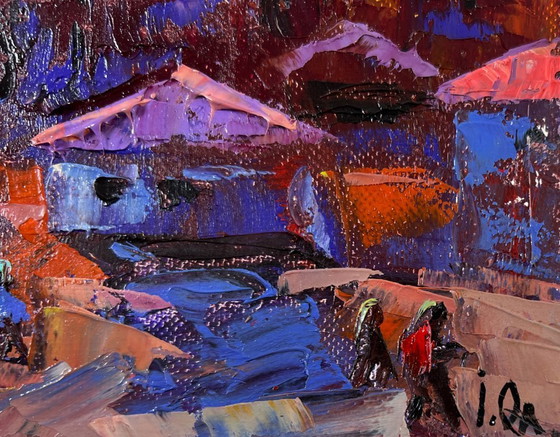 Image 1 of Peinture à l'huile originale représentant un paysage de village nocturne sous la lune